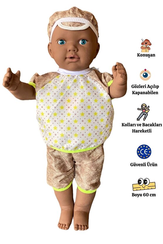 Oynar Gözlü Türkçe Konuşan Siyahi Berke Kel Et Bebek 60 Cm. - Konuşabilen Bebek - Kel Büyük Bebek