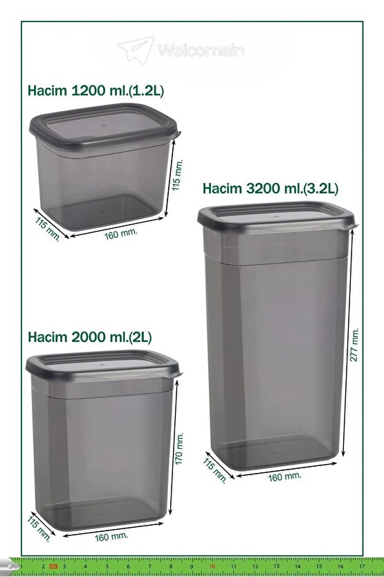 12 Adet 24 Parça 550 ml. 1200 ml. 1750 ml. Sızdırmaz Kapaklı Kare Erzak Bakliyat Saklama Kabı Seti