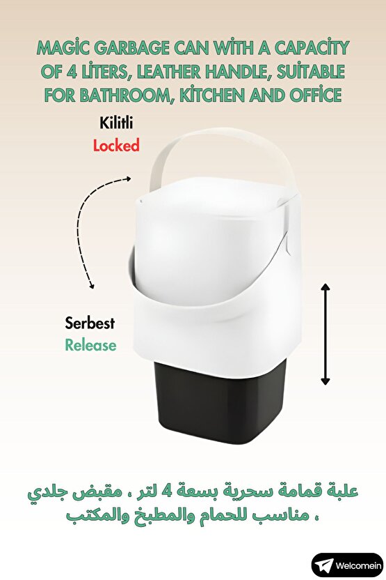 4 Litre Sihirli Çöp Kovası Tutma Saplı İç Kovalı Tezgah Üstü Mutfak Banyo Ofis Çöp Kovası
