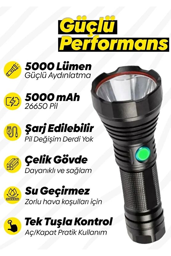 Hs-044 Çelik 5000 Lümen 26650 Pil 5000 Mah Uzun Menzilli Şarjlı Kamp Için Süper Güçlü El Feneri