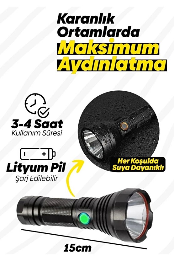 Hs-044 Çelik 5000 Lümen 26650 Pil 5000 Mah Uzun Menzilli Şarjlı Kamp Için Süper Güçlü El Feneri