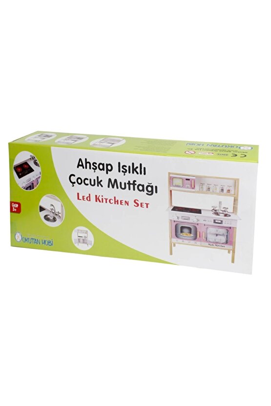 Lüx Işıklı Hamarat Ahşap Mutfak - Ahşap Çocuk Mutfağı - Mutfak Seti - Kapaklı Mutfak - Pembe