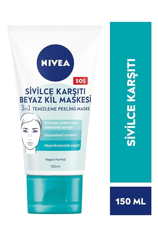 3in1 Sivilce Karşıtı Beyaz Kil Maskesi 150ml, Temizleyici, Peeling, Maske, Gözenek Arındırıcı