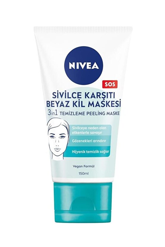 3in1 Sivilce Karşıtı Beyaz Kil Maskesi 150ml, Temizleyici, Peeling, Maske, Gözenek Arındırıcı