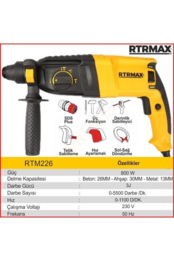 Rtm226 Sds Plus Kırıcı Delici Matkap 26 Mm 800 W Çantalı 3j