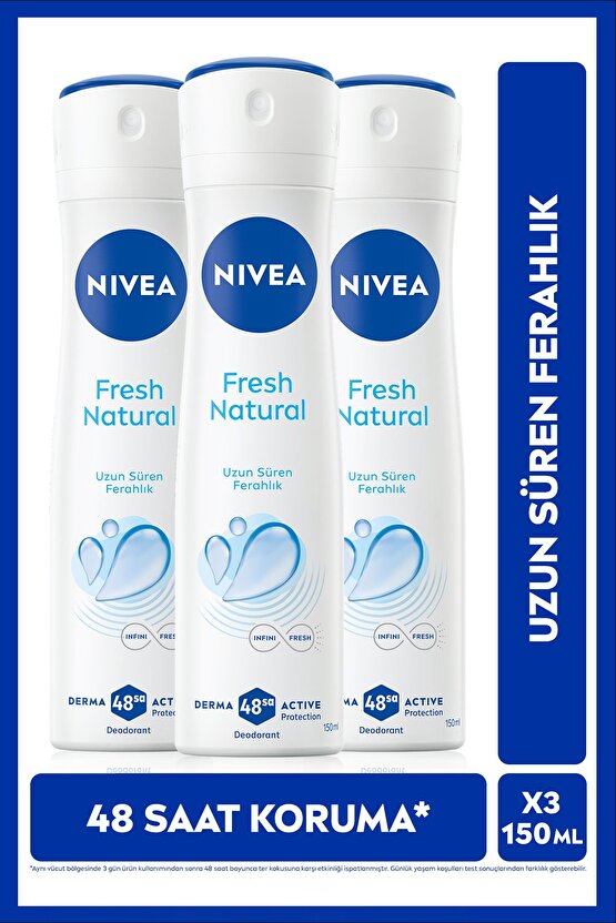 Kadın Sprey Deodorant Fresh Natural 150ml, Ter Kokusuna Karşı 48 Saat Koruma, Ferahlık, X3 Adet