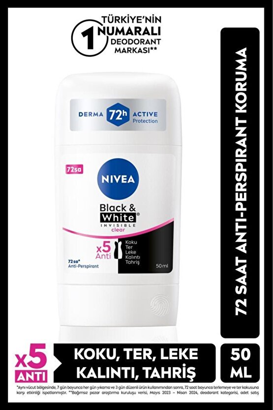 Kadın Stick Deodorant Black&white Invisible Clear 50ml, 72 Saat Anti-perspirant Ter Koruması