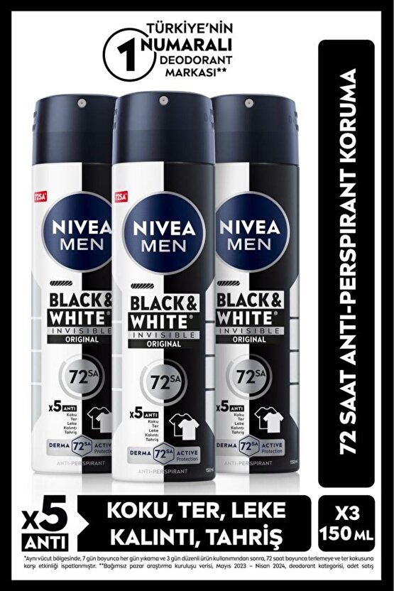 MEN Erkek Sprey Deodorant Black&White Invisible Original 150ml,72 Saat Anti-Perspirant,X3 Adet