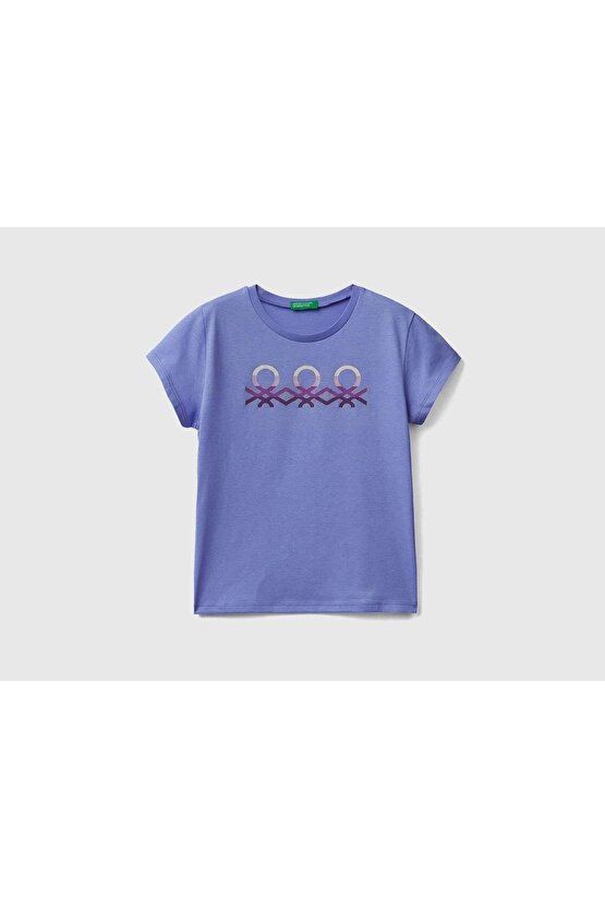 Kız Çocuk Leylak Simli Benetton Yazılı T-shirt