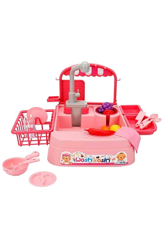 Pembe Su Akıtan Mutfak Lavabosu Seti - Çeşmeli Sesli Lavabo - Mutfak Seti - Su Akan Musluk - Akan Mu