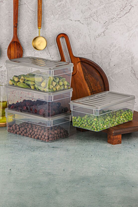 4lü Buzdolabı Düzenleyici Organizer Mikrodalga Ve Difrize Uygun Saklama Kabı Antrasit Set
