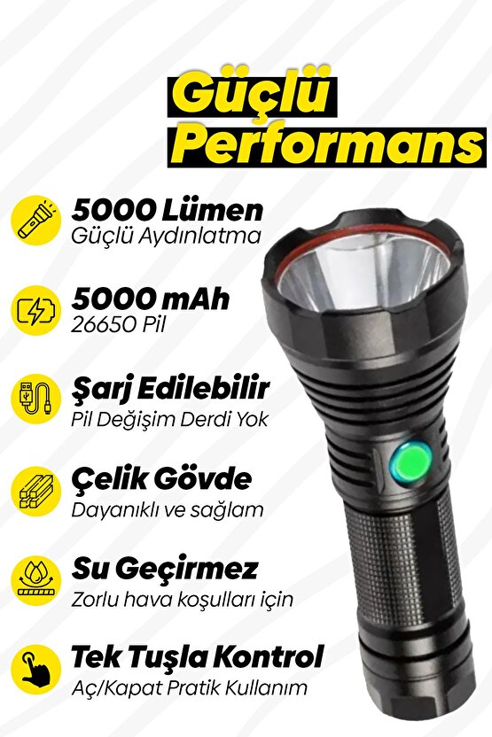 50 Watt 5000 Lümen Süper Led Uzun Menzilli 546 Metreye Kadar Güçlü 1x26650 Lion Batarya