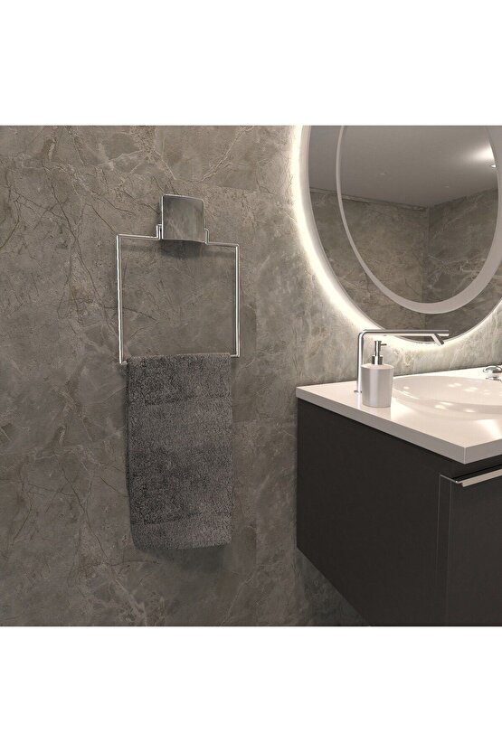 Bej Dekoratif Yapıştırmalı Banyo Mutfak Metal Kare Havluluk Askı Krom Pratik Vidasız Montaj Dc-4780