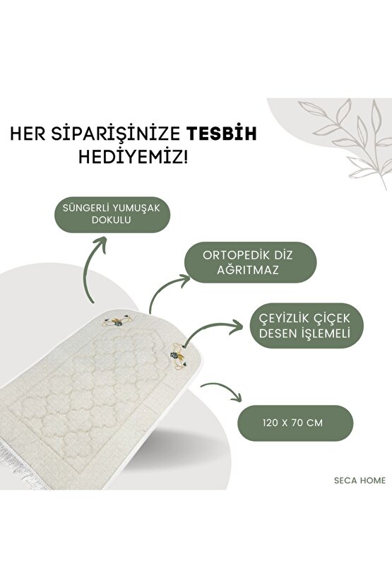 Keten Pamuklu Ortopedik Diz Ağrıtmayan Süngerli Çiçek Nakışlı Hediyelik Çeyizlik Seccade