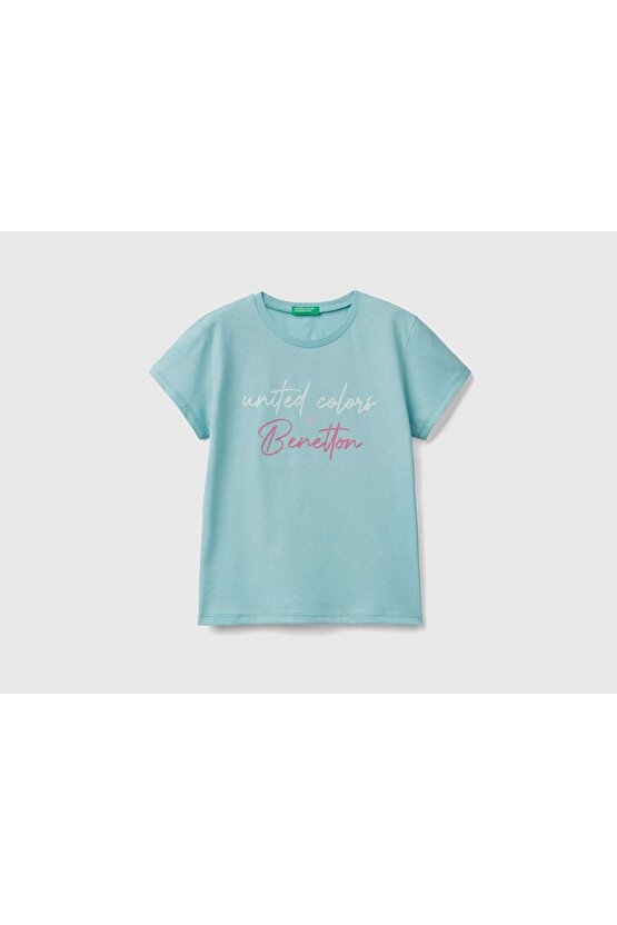Kız Çocuk Su Yeşili Simli Benetton Yazılı T-shirt