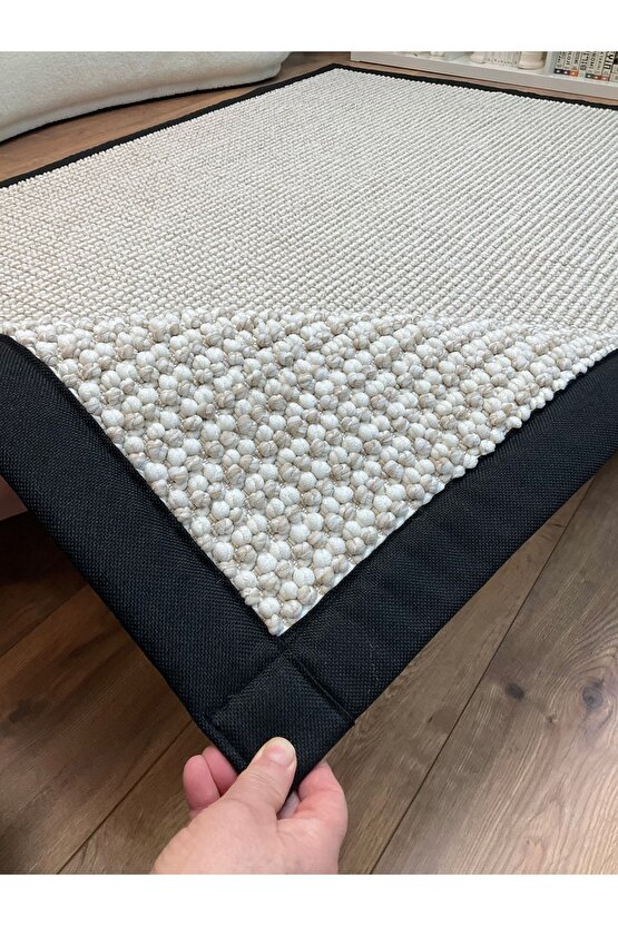 Kumaş Bordür Bej Bukle Siyah Bordür  Halı Salon Koridor Mutfak Çocuk Odası Halısı  Kilim S263