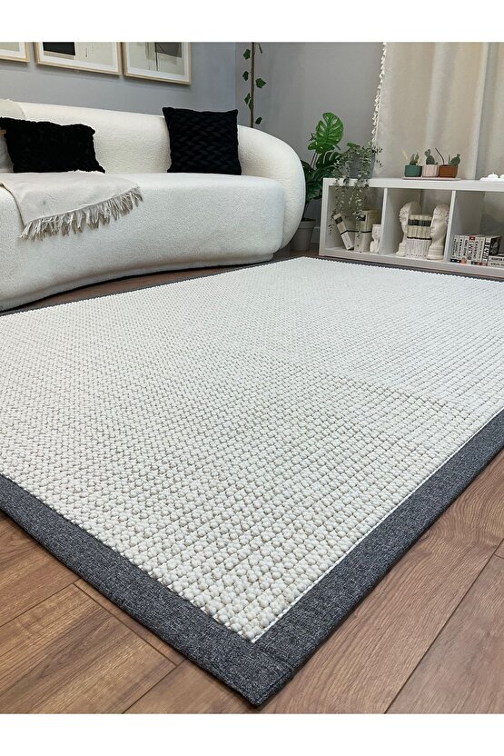 Kumaş Bordür Beyaz Bukle Gri Bordür  Halı Salon Koridor Mutfak Çocuk Odası Halısı  Kilim S259
