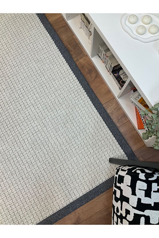 Kumaş Bordür Beyaz Bukle Gri Bordür  Halı Salon Koridor Mutfak Çocuk Odası Halısı  Kilim S259
