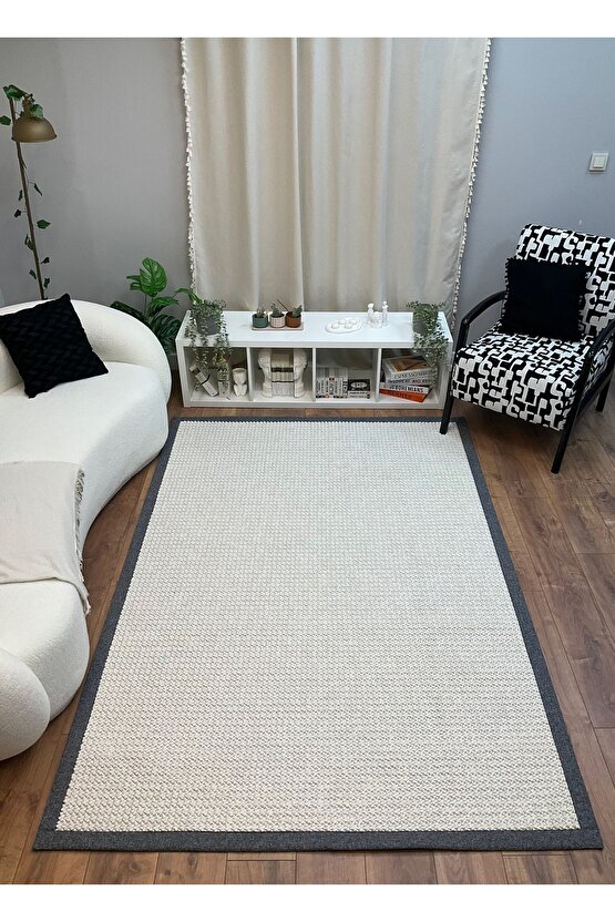 Kumaş Bordür Beyaz Bukle Gri Bordür  Halı Salon Koridor Mutfak Çocuk Odası Halısı  Kilim S259