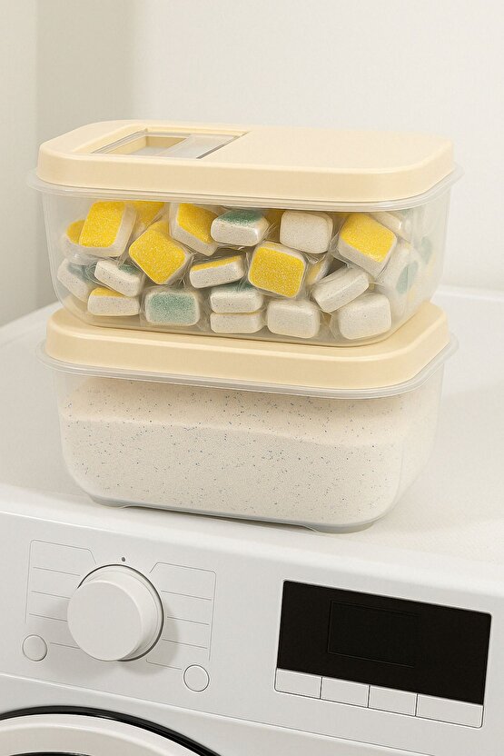 2li Set 7,5 Lt Mega Banyo Düzenleyici Kayar Kapaklı Etiketli Toz Tablet Deterjan Saklama Kutusu