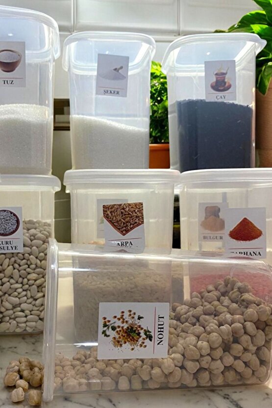 12lı Etiketli Saklama Kabı Gıda Erzak Bakliyat Saklama Kabı Çeyiz Seti - 1,2 Lt Şeffaf