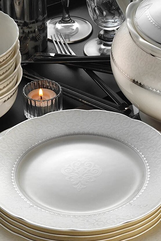 Bone Olympos 62 Parça 1138020 Desen Platin Fileli Yemek Takımı