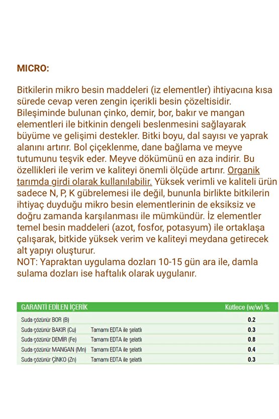 Mıcro Sıvı Mikro Bitki Besin Maddeleri Karışımı 1 Litre