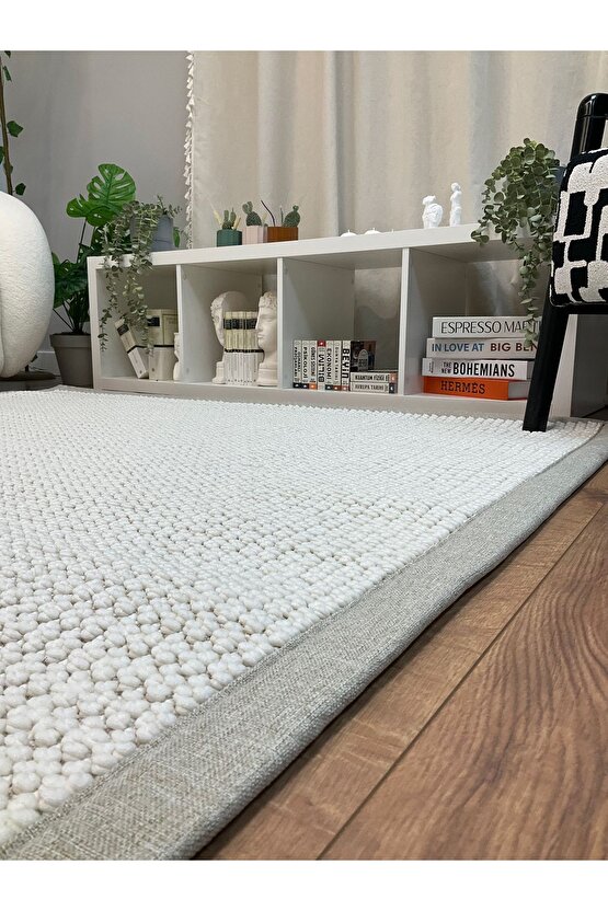 Kumaş Bordür Beyaz Bukle Bej Bordür  Halı Salon Koridor Mutfak Çocuk Odası Halısı  Kilim S260
