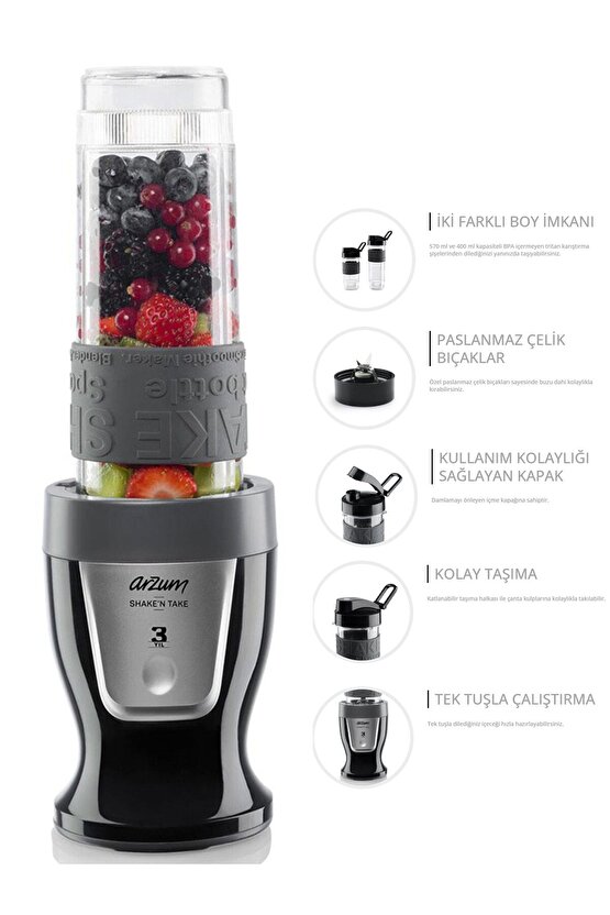 AR1032 Shaken Take Kişisel Smoothie Blender, Siyah (300 W, 2 Adet Şişe)