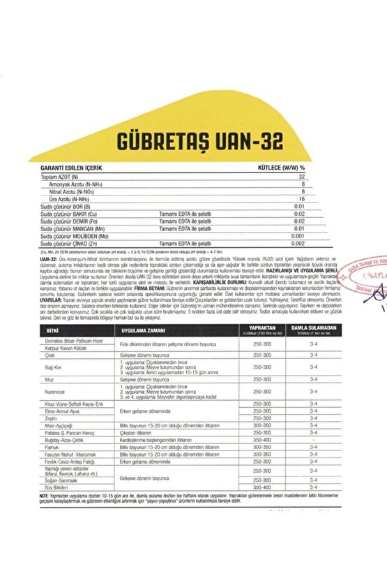 GÜBRATAŞ U.A.N. 32 5 LT Bahçe Çiçek Bitki Besini Yaprak Gübresi
