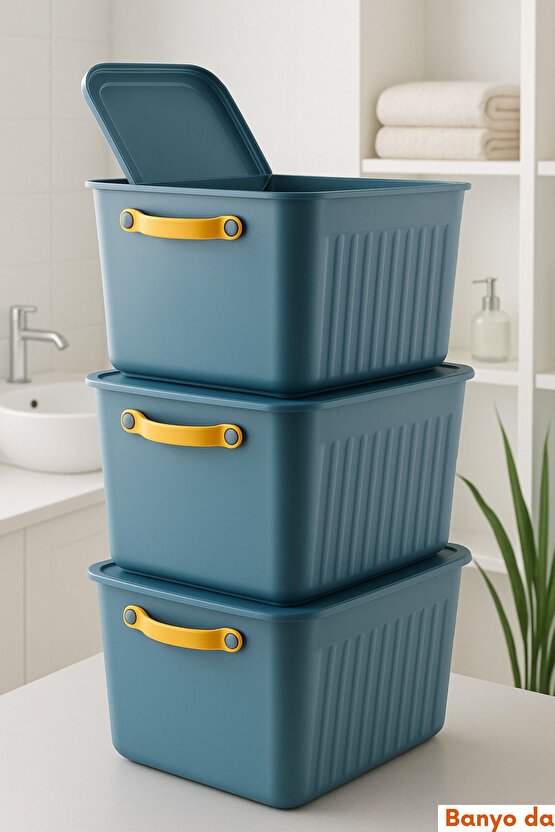 3lü Set Kapaklı ve Saplı Düzenleme Saklama Kutusu – Mavi – Çok Amaçlı Organizer