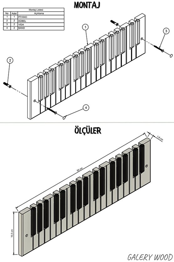 Dekoratif Ahşap 15tuşlu Piyano Elbise Askılık Enstrümantal Çok Amaçlı Duvar Çanta Piano Askı;15x55cm
