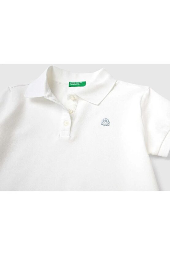 Kız Çocuk Beyaz Logolu Pike Polo T-shirt
