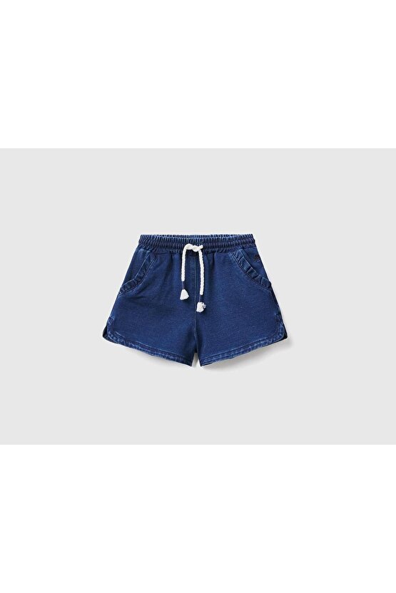 Kız Çocuk Mix Cebi Fırfırlı Denim Şort Zürafa Desenli