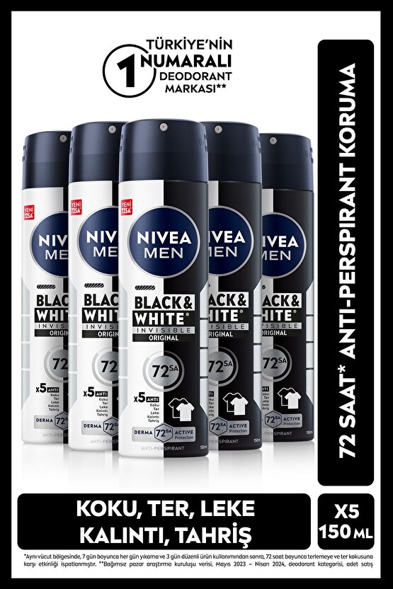 MEN  Erkek Sprey Deodorant Black&White Invisible Original 150 ml, 72 Saat Koruma, X5 Adet