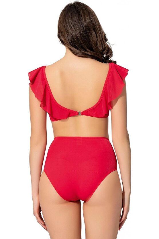 Düz Fırfırlı Yüksek Bel Bikini 5005 Kırmızı