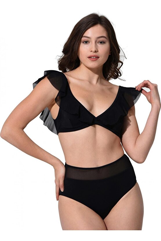 Düz Fırfırlı Yüksek Bel Bikini 5005 Siyah