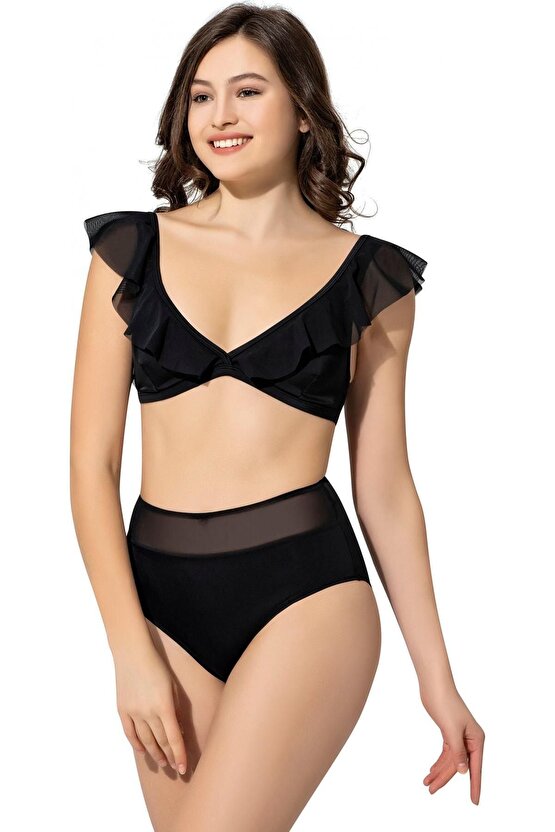 Düz Fırfırlı Yüksek Bel Bikini 5005 Siyah