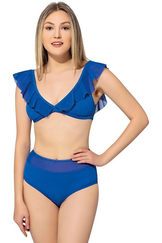Kadın Düz Fırfırlı Yüksek Bel Bikini 5005 Saks