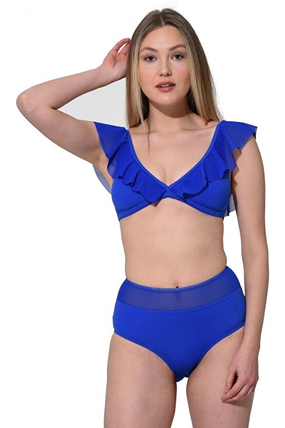 Kadın Düz Fırfırlı Yüksek Bel Bikini 5005 Saks