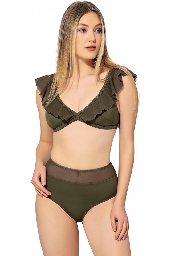 Düz Fırfırlı Yüksek Bel Bikini 5005 Haki
