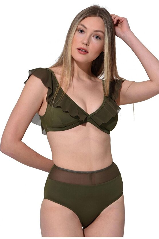 Düz Fırfırlı Yüksek Bel Bikini 5005 Haki