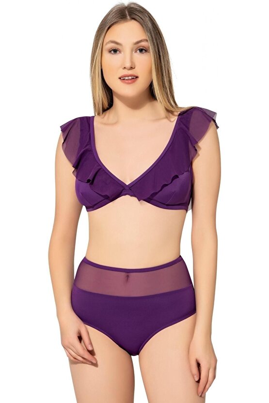 Düz Fırfırlı Yüksek Bel Bikini 5005 Mor