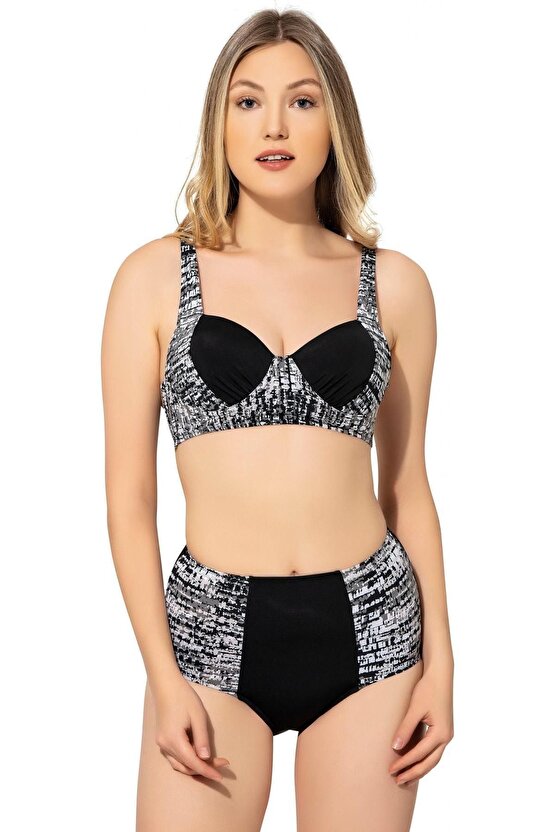 Straplez Yüksek Bel Desenli Bikini 5009 Antrasit