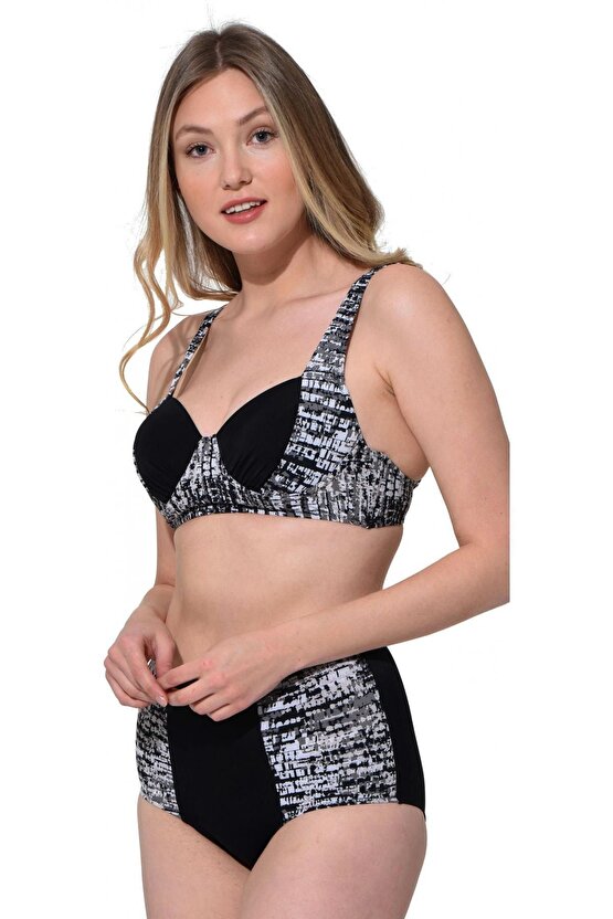 Straplez Yüksek Bel Desenli Bikini 5009 Antrasit