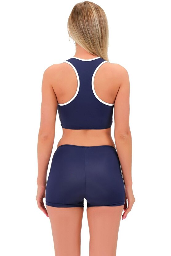 Şeritli Şortlu Yüzücü Bikini 5018 Lacivert