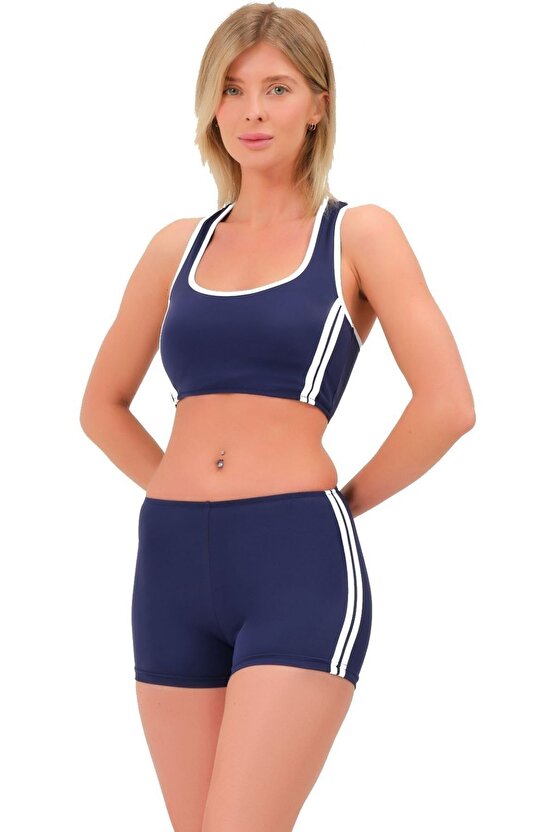 Şeritli Şortlu Yüzücü Bikini 5018 Lacivert
