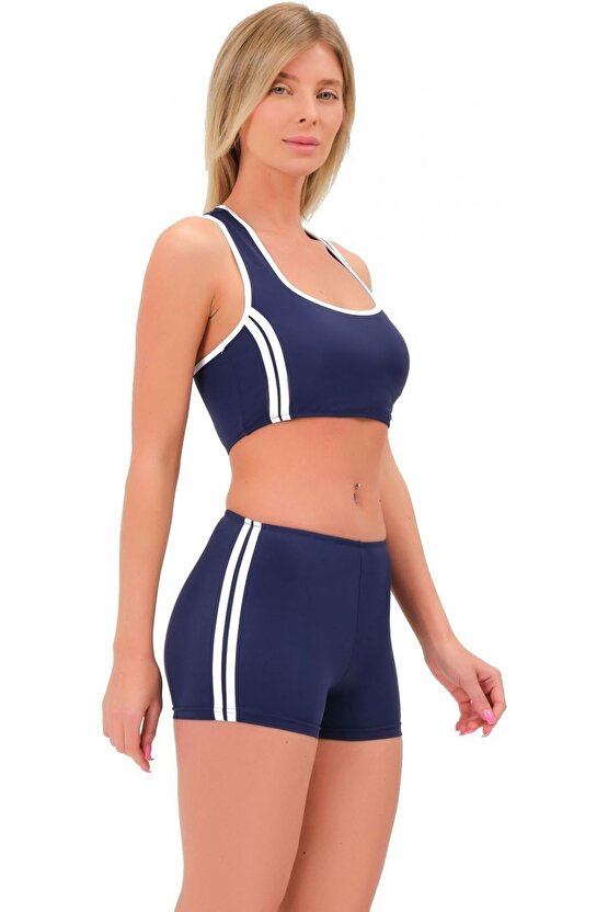 Şeritli Şortlu Yüzücü Bikini 5018 Lacivert
