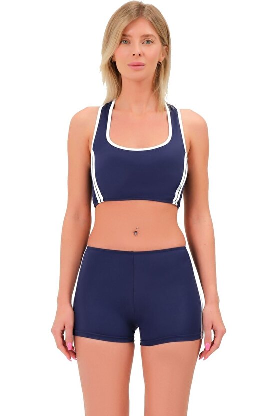 Şeritli Şortlu Yüzücü Bikini 5018 Lacivert