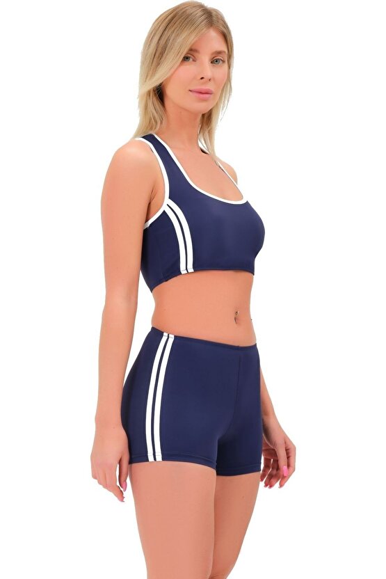 Şeritli Şortlu Yüzücü Bikini 5018 Lacivert
